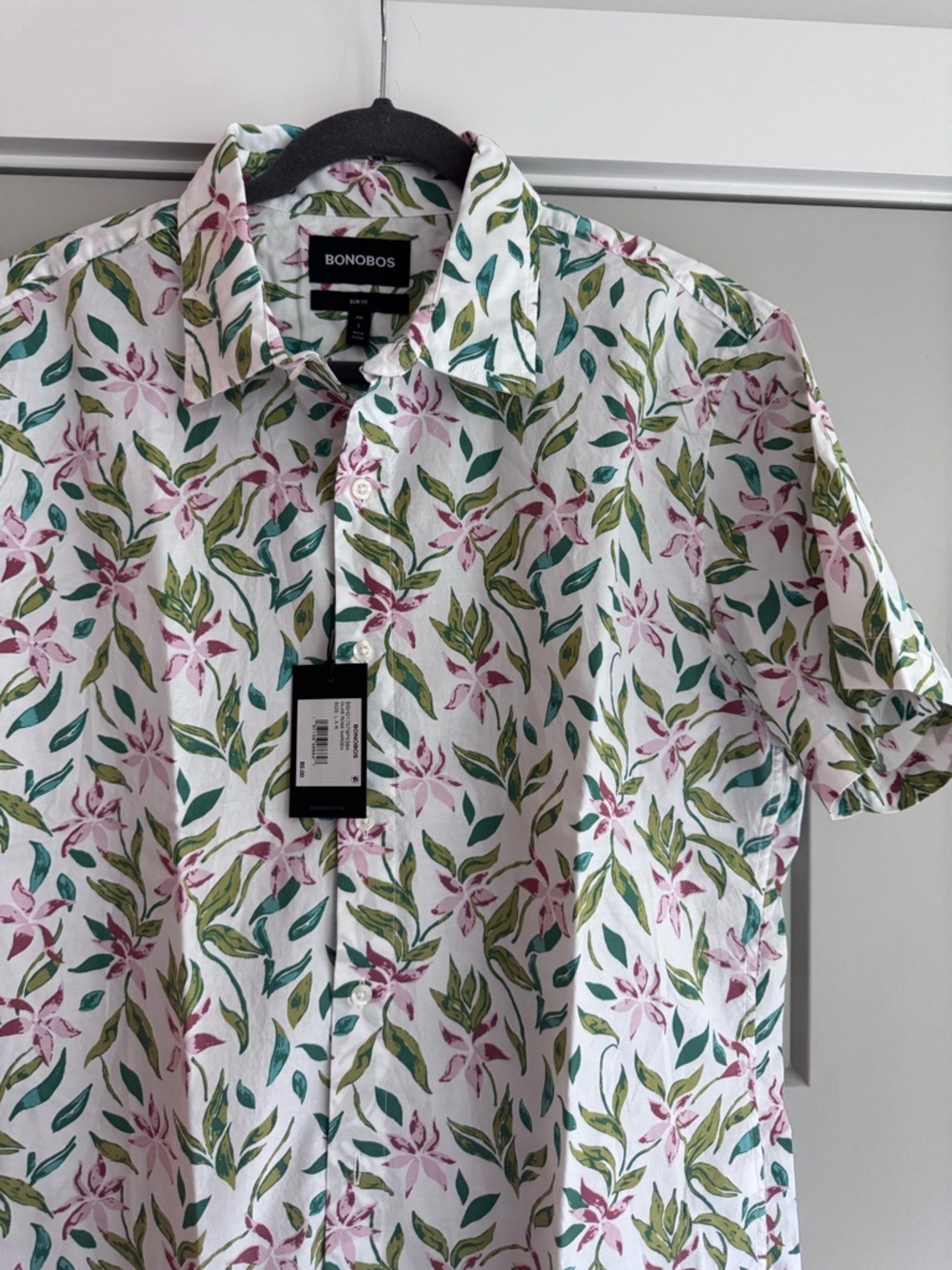 Bonobos White Floral Short-Sleeve Button-Down with Pink & Green Print